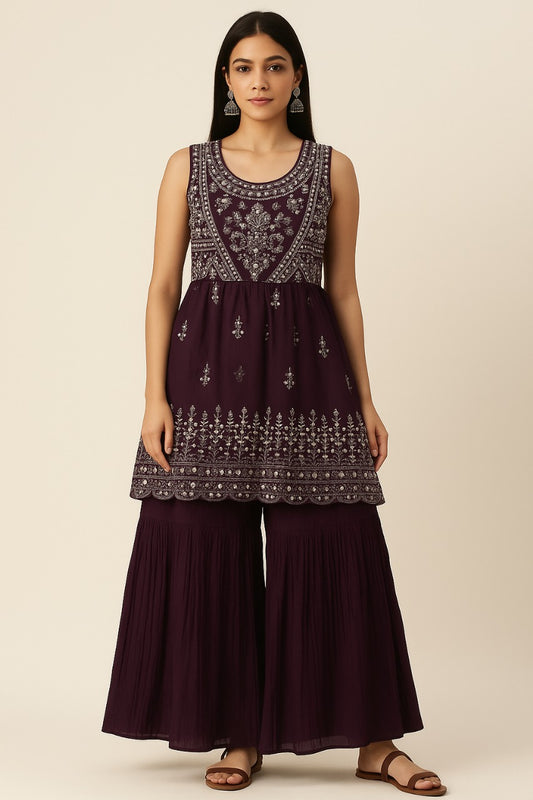 Velvet Bloom Maroon Sharara Set