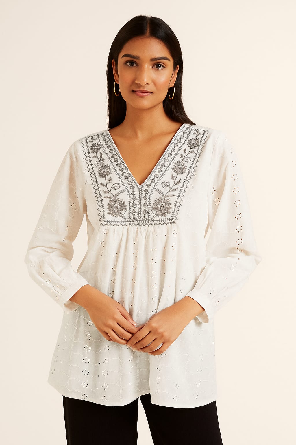 Elegant White Cotton Kurti with Grey Embroidery